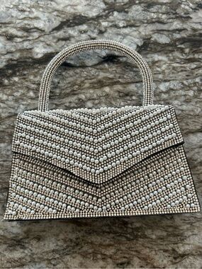Pearl & Crystal Embellished Silver Evening Clutch